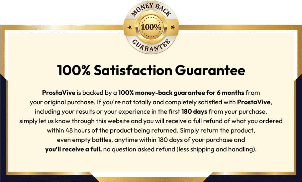 Prostavive Powder satisfaction guarantee badge — trusted prostate support formula available nearby.