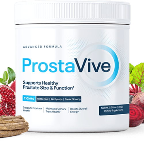 Prostavive Powder supplement bottle on a table — natural prostate health support product available nearby
